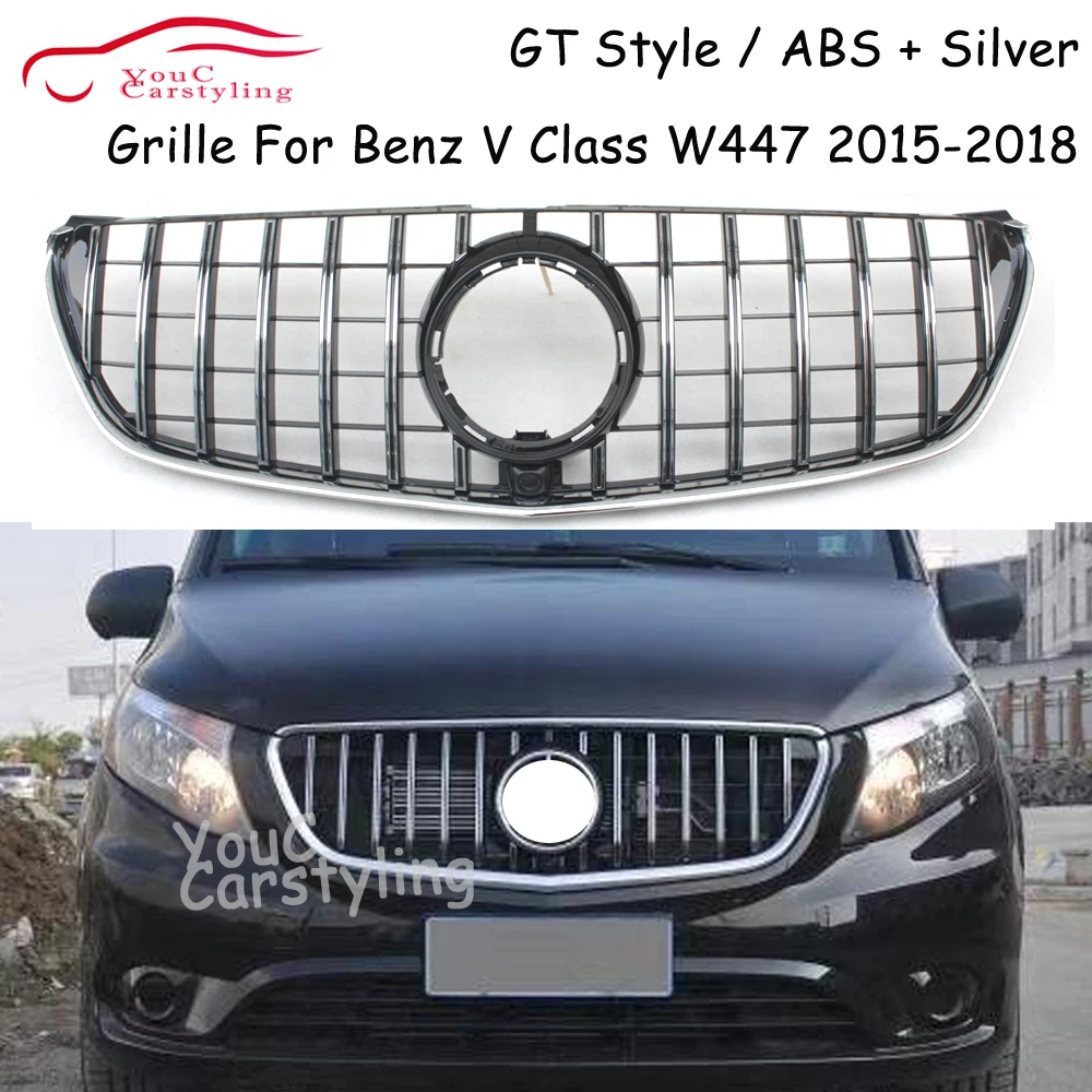 V260 W447 GT Front Bumper Grille for Mercedes V Class V250 V220 2015 2016 2017 2018 Grill With Camera +Silver