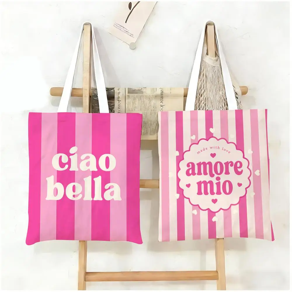 Cool Pink Striped Ciao Bella Storage Bags Canvas Tote Bag Women Large Capacity Reusable Shopping Shoulder Bag Daily Handbag