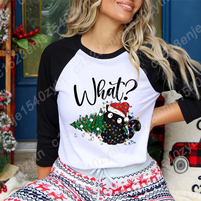 Christmas Light Black Cat What Graphic Three Quarter Sleeve Shirt Women Crew Neck Seven Sleeves Shirt Fashion Ladies Summer Tops