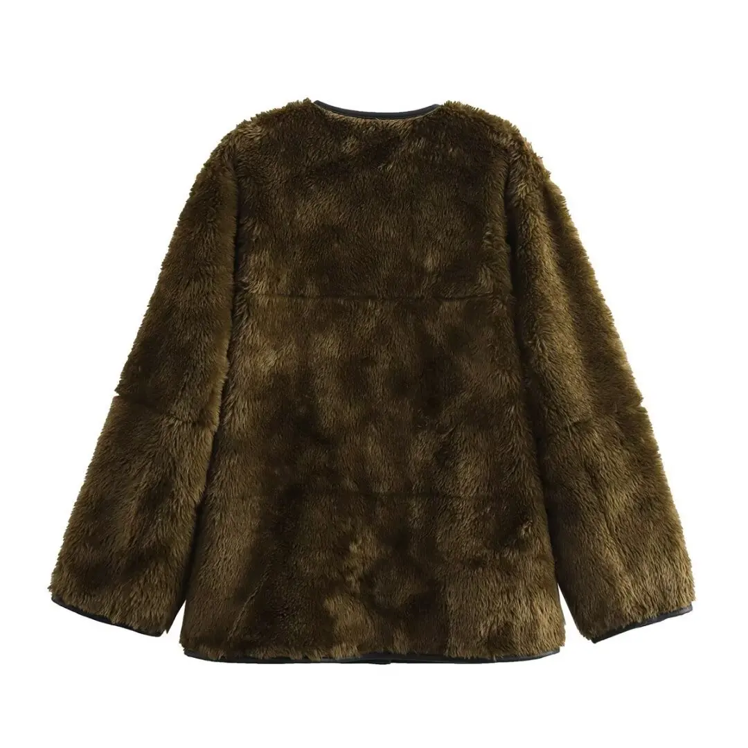 Maxdutti Minimalist Women Clothes Tops Fashion Lady Elegant Faux Fur Round Neck Jacket Coat Women's Jacket