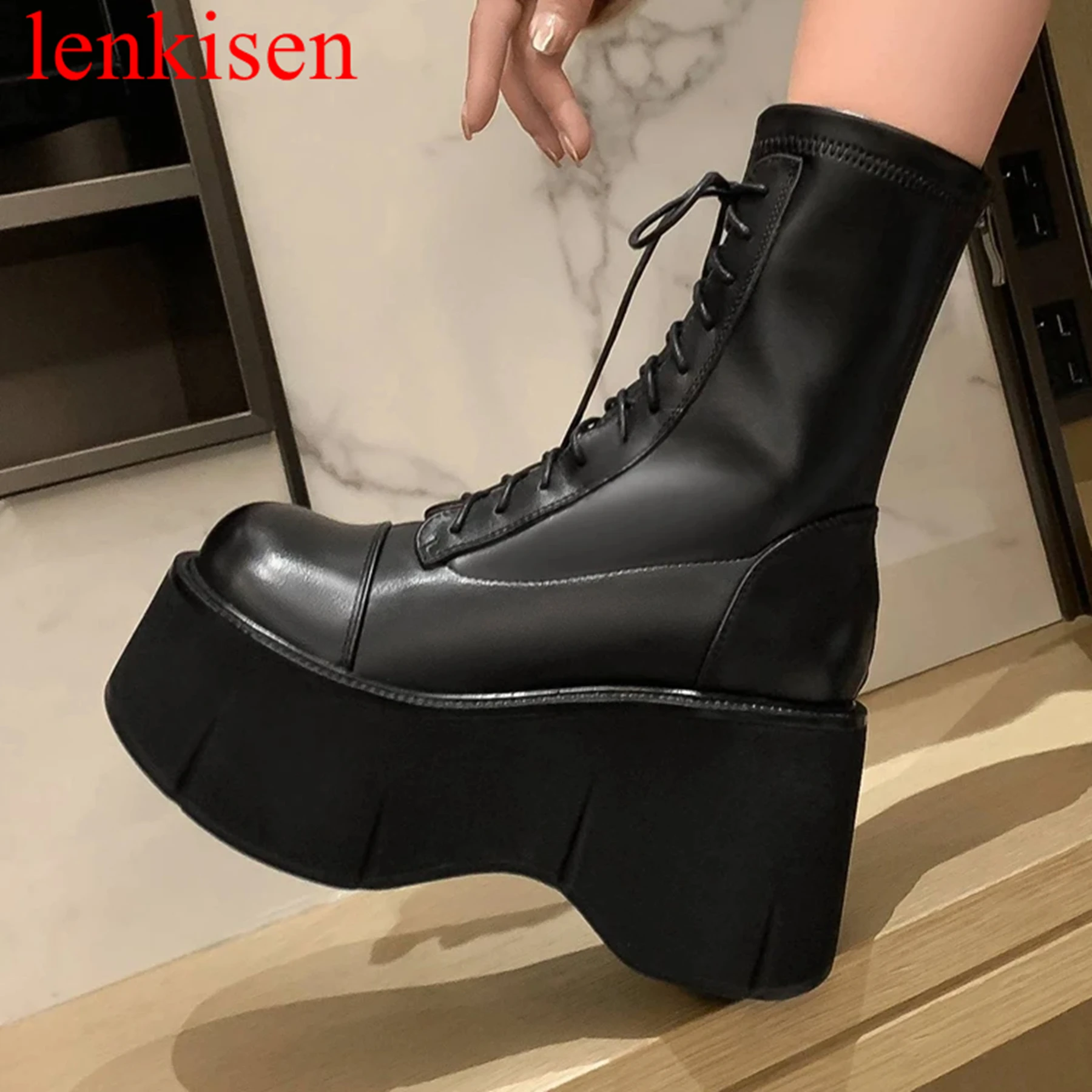 

Lenkisen Cow Split Leather Round Toe Super High Winter Warm Modern Boots Lace Up Luxury Increased Casual Nightclub Ankle Boots