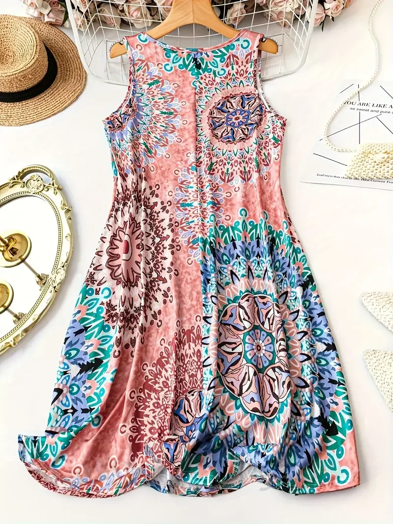 플러스 사이즈 여성용 프린트 캐주얼 브이넥 민소매 드레스