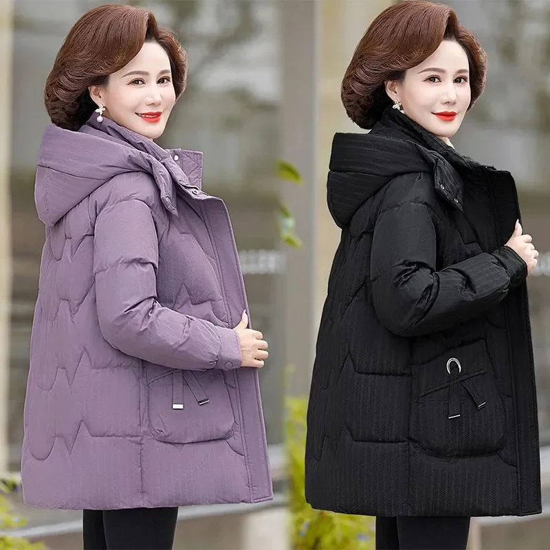 Middle aged Mother Down cotton Jacket Autumn Winter 2024 New Women's Cotton Hooded Coat Solid Casual Loose Outwear Female Parkas