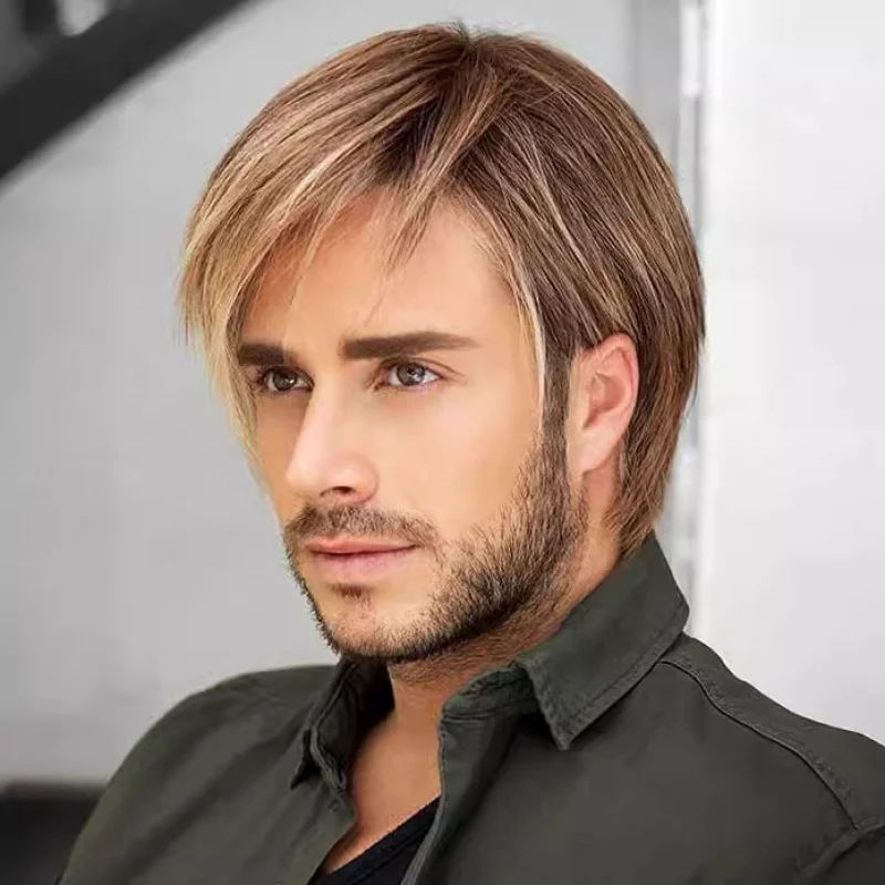 European and American men's short straight hair , golden-brown side-swept bangs wig