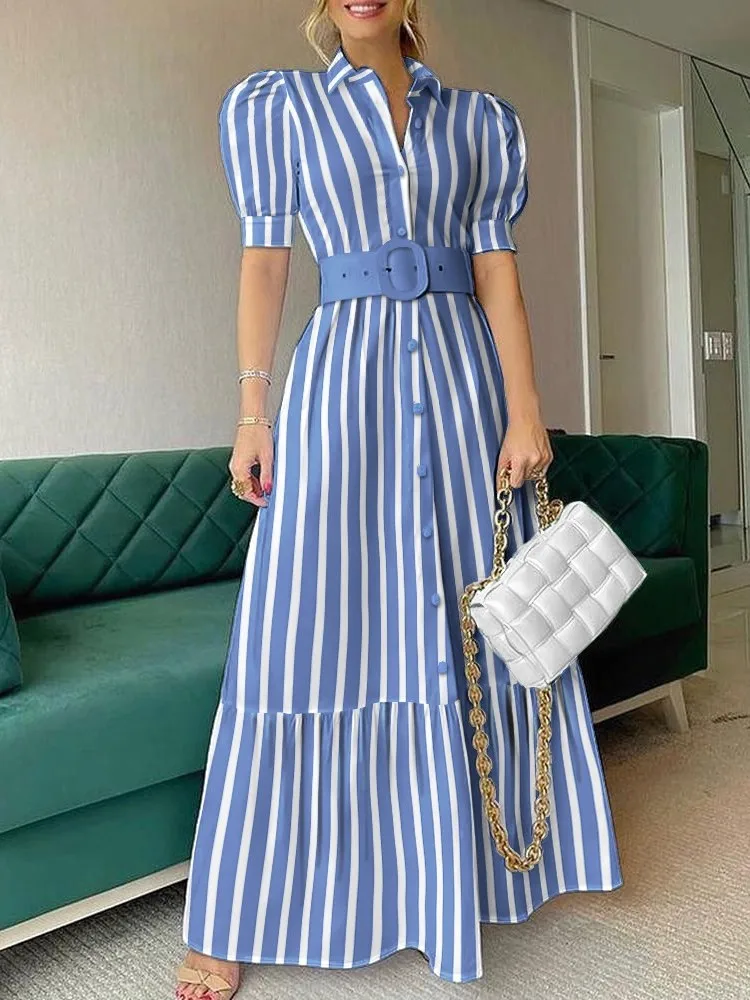 

Women's Striped Maxi Dresses Summer 2025 New Fashion Elegant Causal Party Office Lady White Blue Back Long Dress Female Vestidos