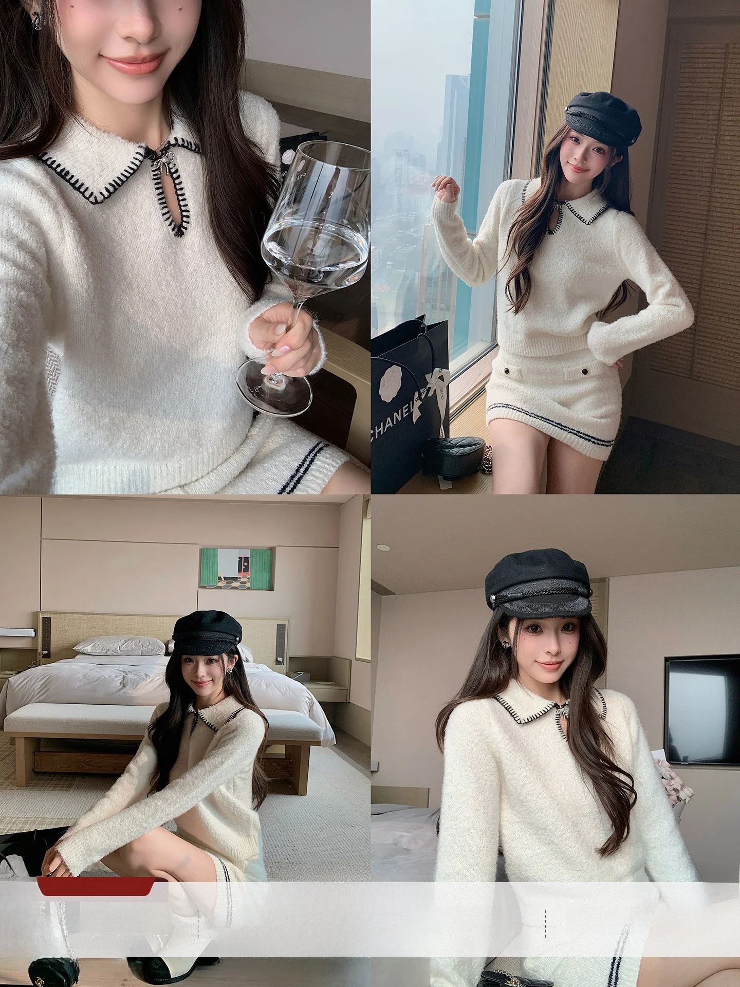 

Romantic Step Qing Meat Yao Knitted Set Women's Winter Slimming Ele Long Sve V-Ne High Waist Trousers Two-Piece Set