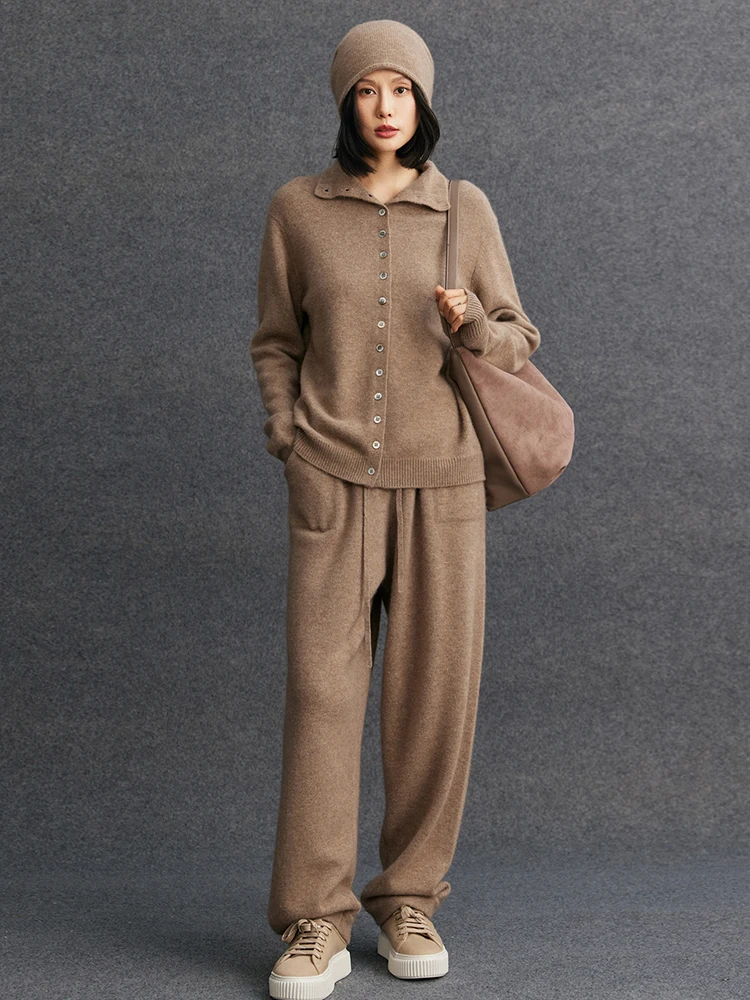 TLOML Women's 100% Cashmere Set Mock Neck Cardigan Drawstring Bloomers Pants Autumn Winter Soft Warm Cashmere Knit Thick Suit