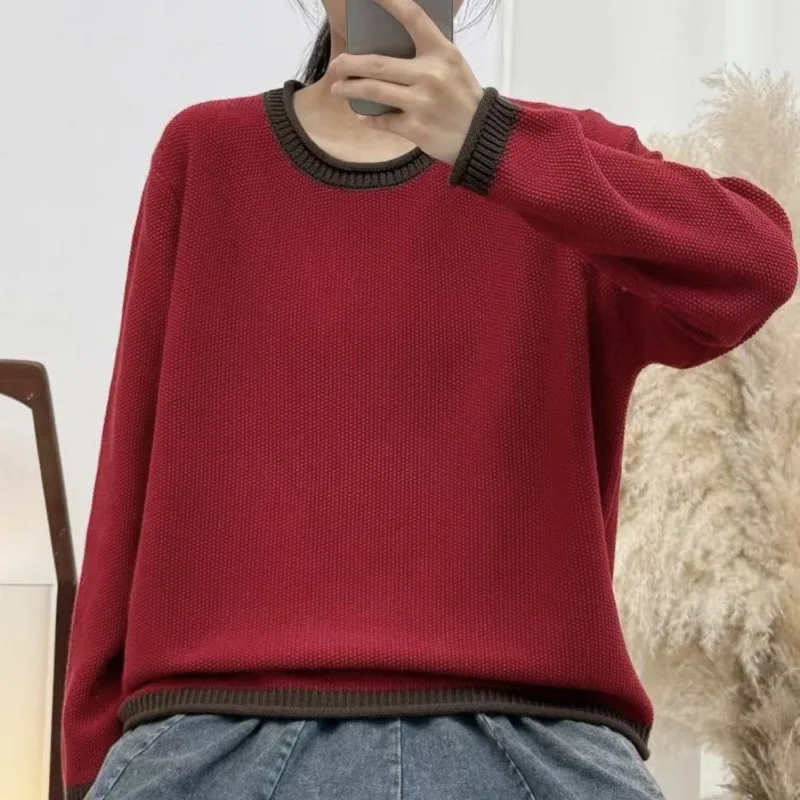 

New Round-neck Color-blocked Sweater Top Loose and Slim and Versatile Long-sleeved Base Sweater