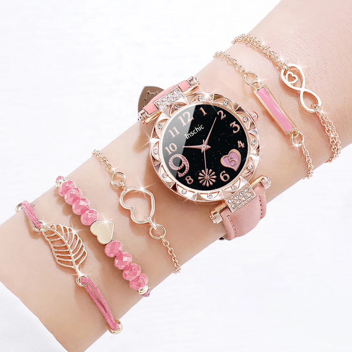 6 unids/set reloj de mujer con esfera de corazón a la moda, correa de cuero informal, reloj de cuarzo analógico, conjunto de pulseras de hojas (sin caja)