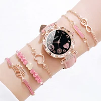 6PCS/Set Fashion Heart Dial Women's Watch Casual Leather Band Analog Quartz Watch Leaf Bracelets Set（Without Box） 6