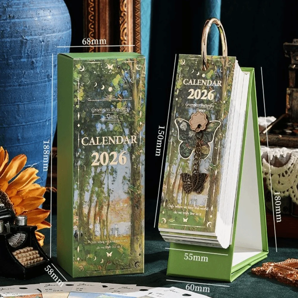 

365-дневный настольный календарь на 2026 год, дизайн ручной работы, вертикальный формат, винтажная картина маслом, календарь, дисплей даты, полая бабочка