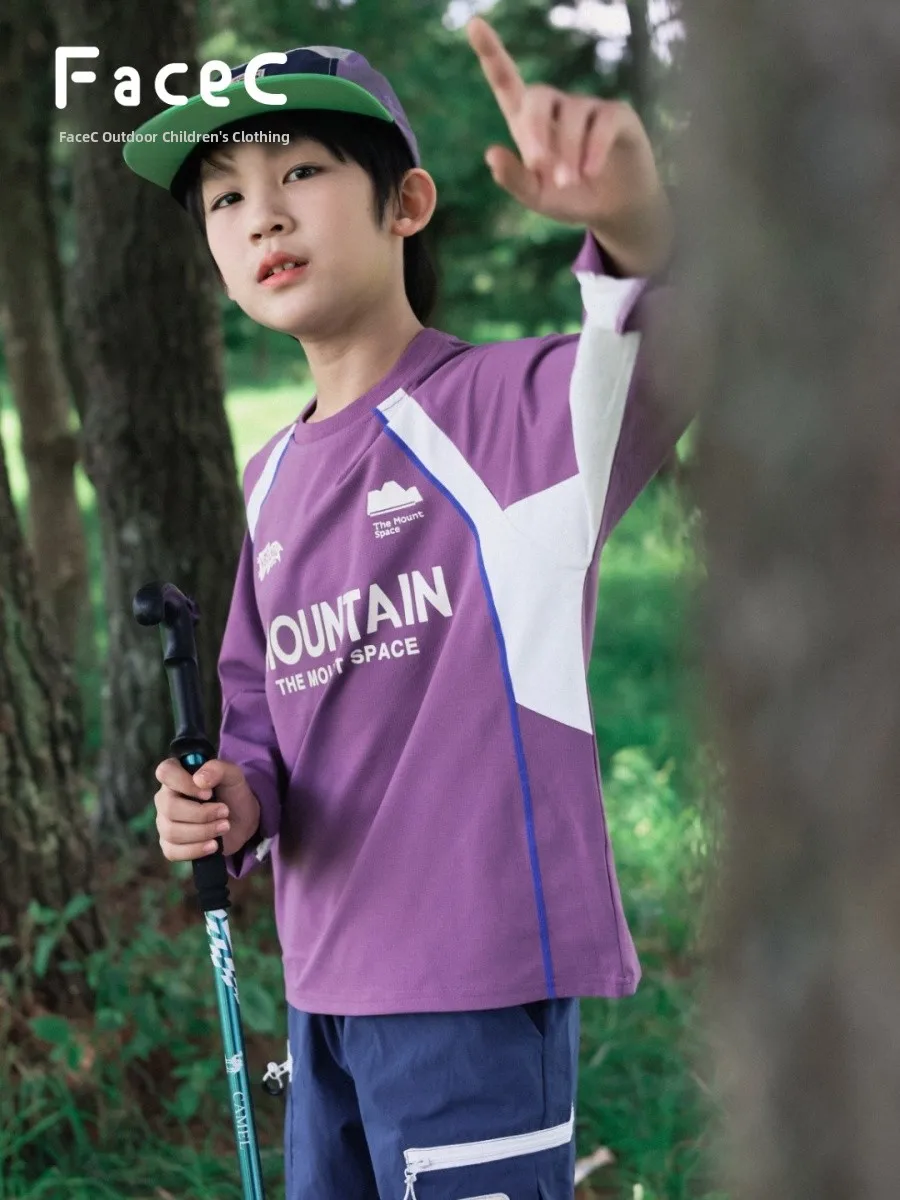 Facec Quick Dry Outdoor Long Sleeve T-Shirt for Boys Loose Fit Spring Autumn Polyester Fiber Mountain Series Kids Clothing