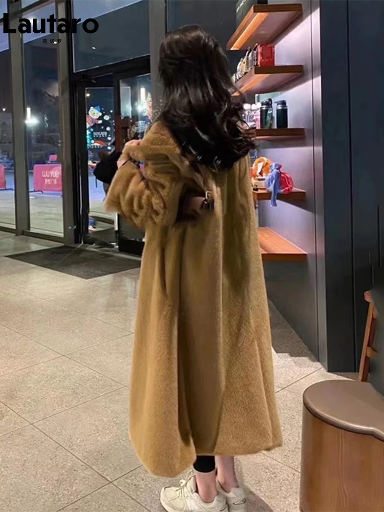 Lautaro Autumn Winter Long Oversized Warm Thick Soft Faux Mink Fur Coat Women Runway Fashion Loose Luxury Furry Fluffy Overcoat