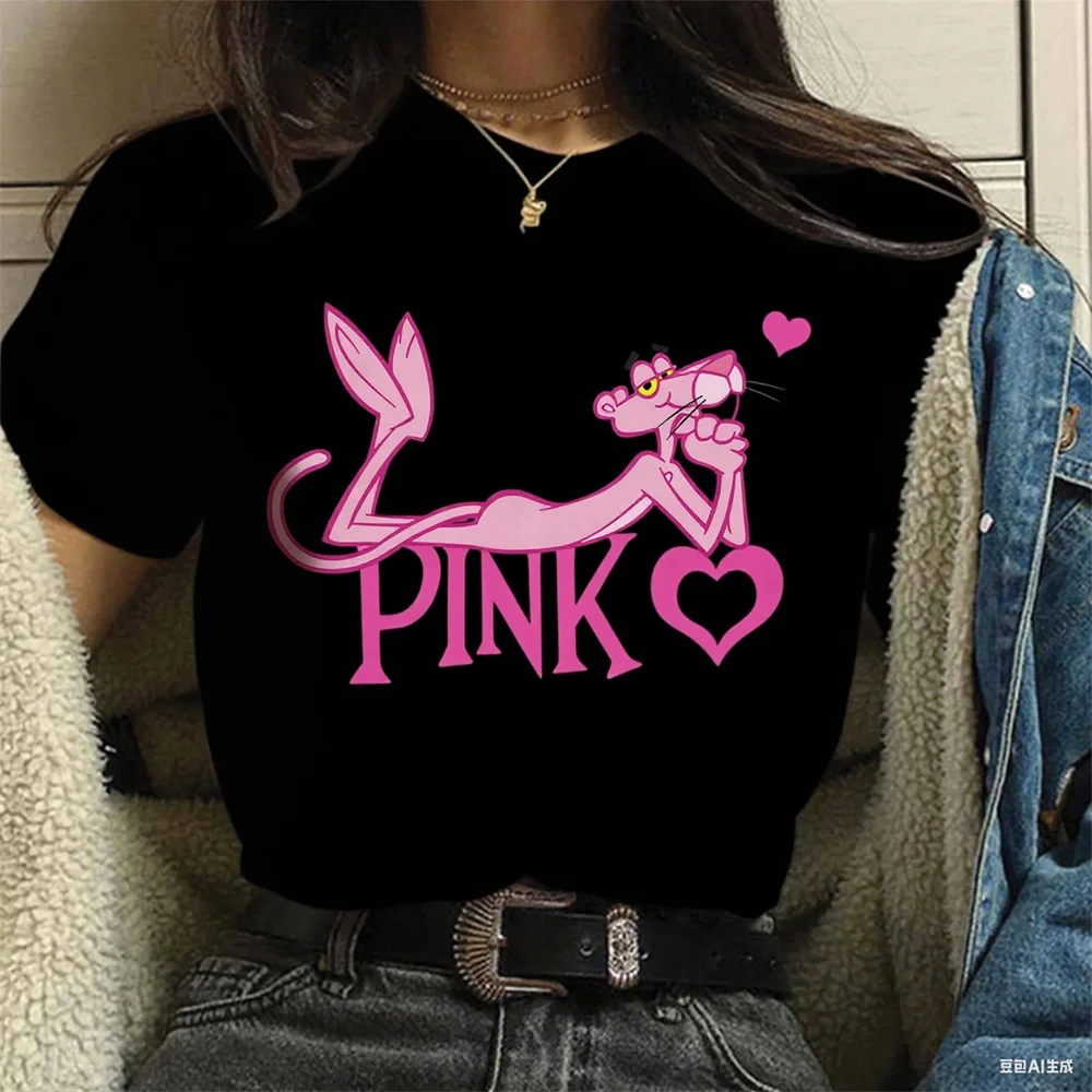

Pink Panther Cartoon Printed Cotton T-shirt Heavy duty Round Neck Breathable Casual Women's Street Wear Summer Comfortable Top