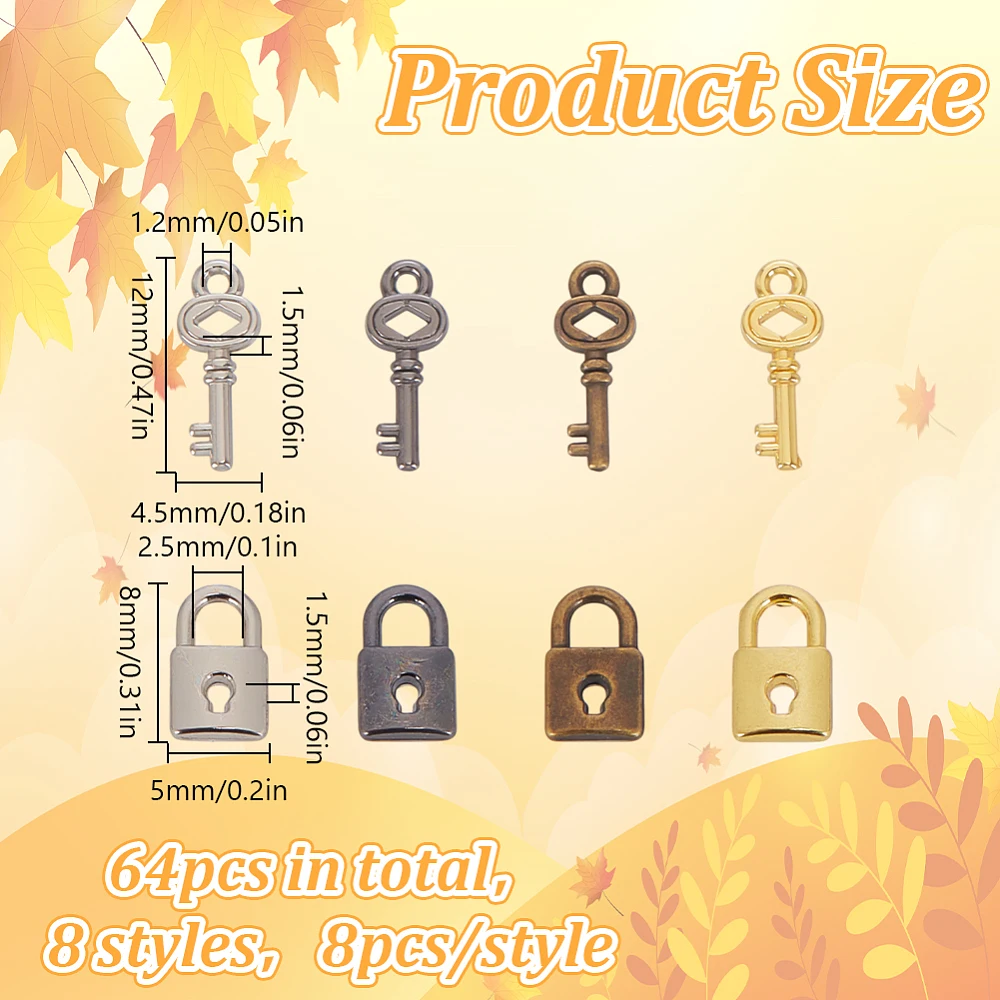 64 Pcs 8 Styles Mini Alloy Lock Key Charms Super Tiny Lock Pendants Mini Metal Lock Keys Mixed Color Accessories for Jewelry