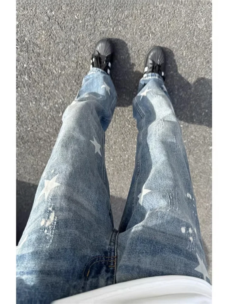 

American High Street Men's Jeans Casual Loose Straight Leg Pants Vintage Waed Denim Autumn Faion Print Versatile Long Tro...