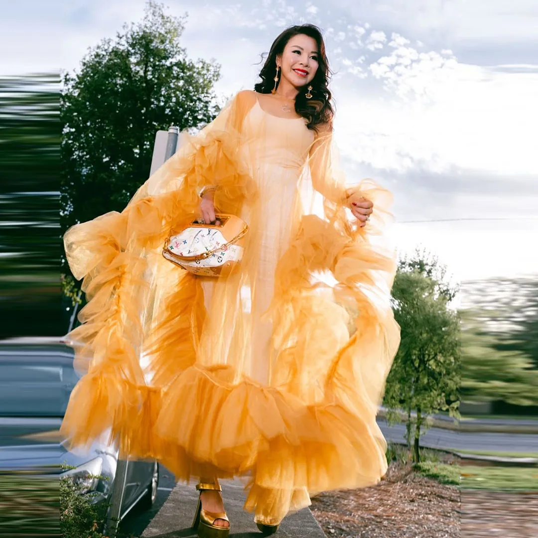 

Pretty Orange Simple Women Tulle Evening Dress Sheer See Thru A-Line Evening Dress Layered Ruffles Party Dress Photography 2025