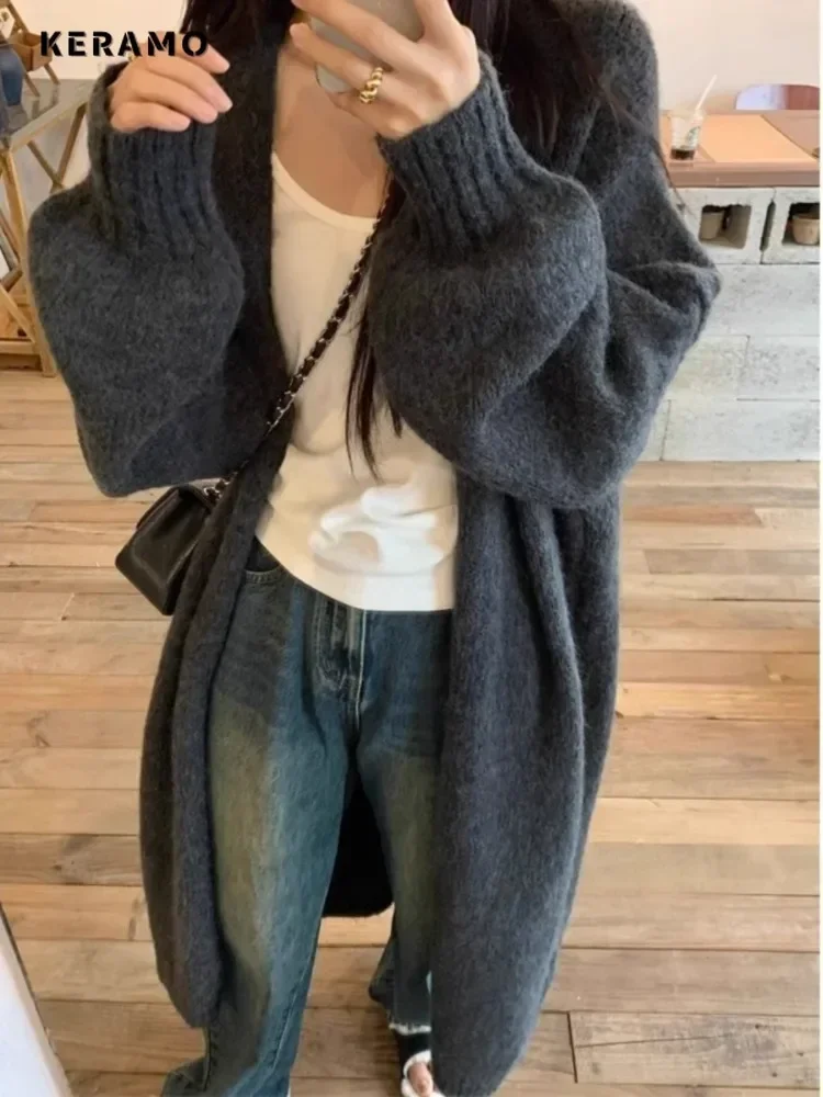 2024 Winter Vintage Style Solid Color X-long Cardigans Women\'s Fashion Casual Oversized Simple Knitting Long Sleeve Sweater