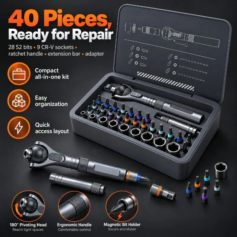 40-Piece Multi-Function Magnetic Screwdriver Set, 180° Ratchet Handle, S2 Bits, CR-V Sockets, Extension Bar for Home Repair