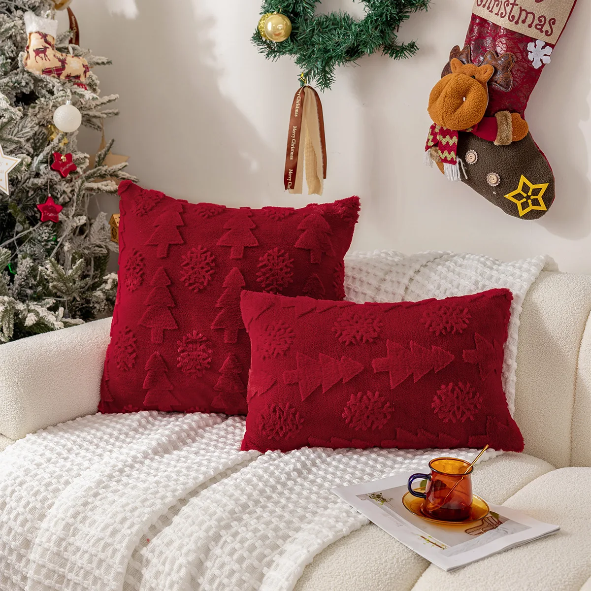 Christmas Pillow Covers Merry Christmas Tree Embroidery Snowflake Winter Holiday Decor Cushion Cover for Home Couch 45x45cm