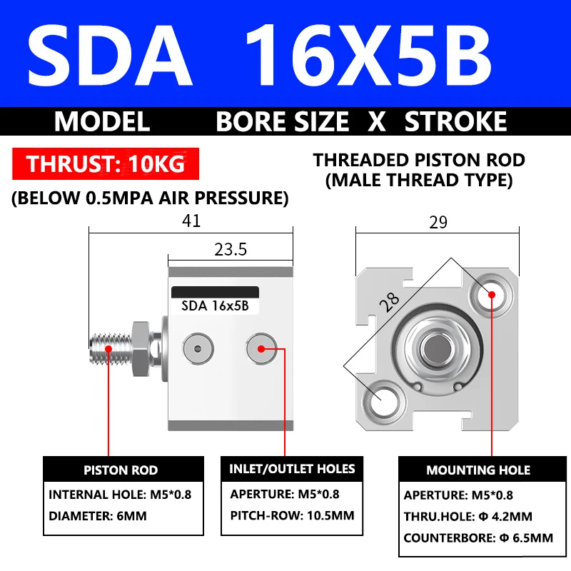 

ABILKEEN SDA16X5B SDA Series Thin Air Cylinder 16MM Male Thread Bore X 5MM Stroke Double Acting Pneumatic Compact Cylinder