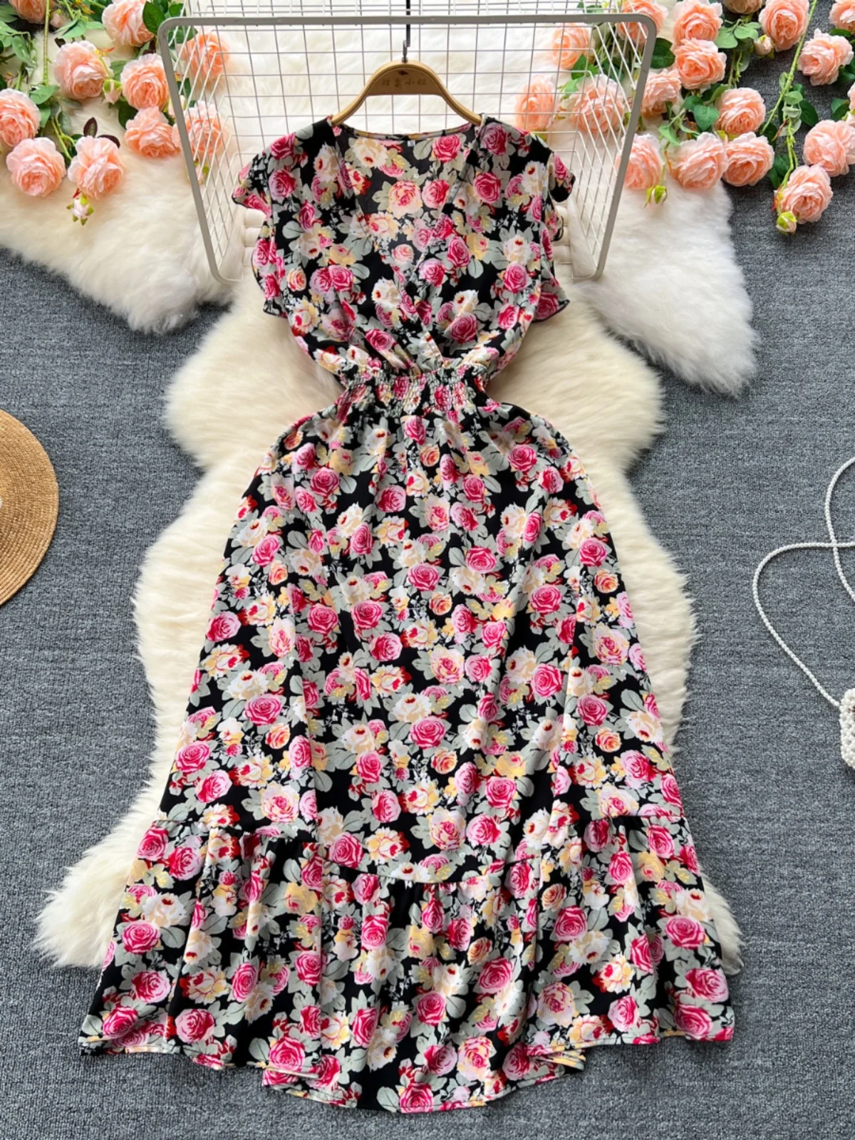 Foamlina Frauen Kleid Sommer Mode süßen Blumen druck V-Ausschnitt ärmellose elastische Taille schlank eine Linie lässig täglich langes Kleid