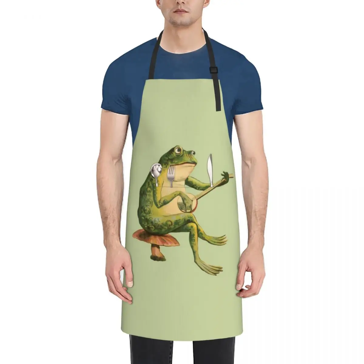 

Melancholic Vintage Frog: Banjo Player on Mushroom Toadstool, Cottagecore and Goblincore Aesthetics with Edgy Grunge Apron