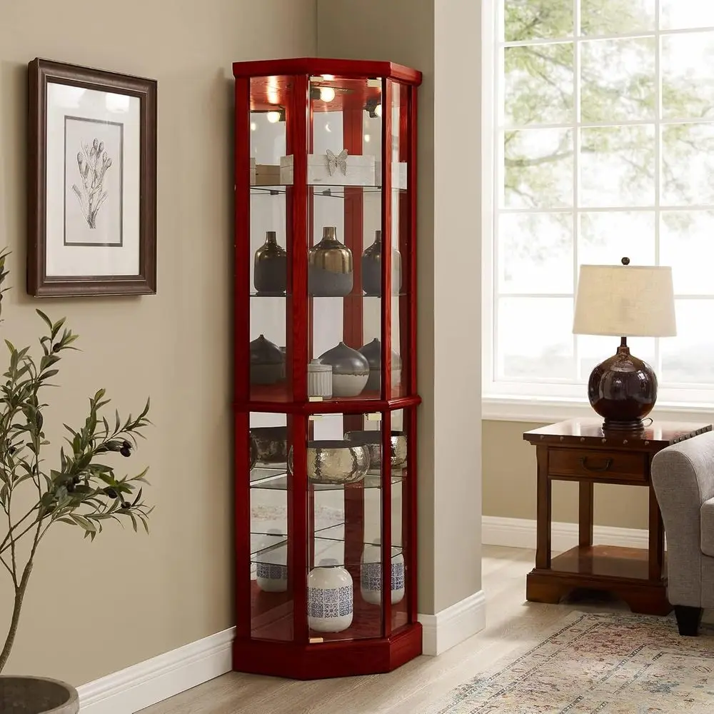 70" Tall Lighted Glass Display Cage, Curio Cabinet with Tempered Glass Doand 5 Adjustable Shelves, Wine Bar China Cabinet or Liv view 3