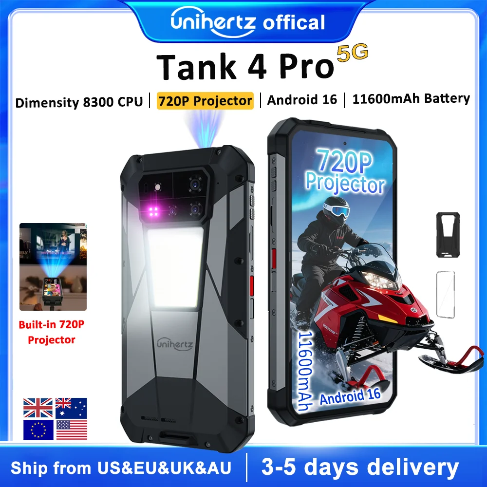 【Ships from US】Unihertz by 8849 Tank 4 pro 5G AI Rugged Phone Built-in 720P Projector Dimensity 8300 32+512GB 3K AMOLED 11600mAh