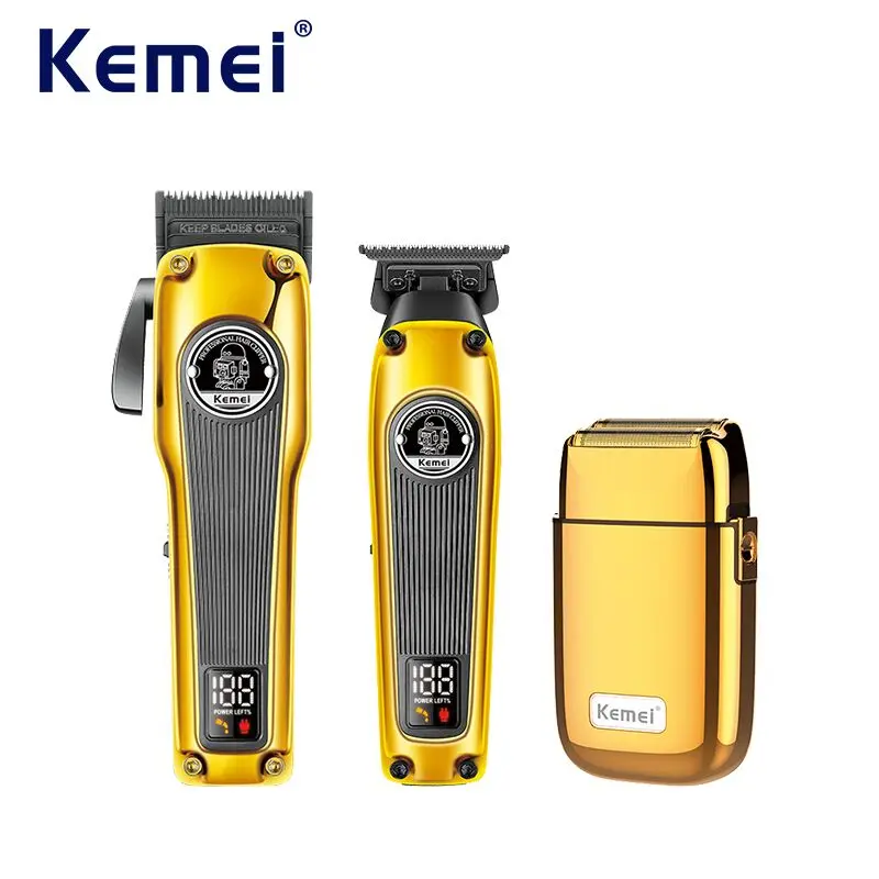 Kemei-Barbeiro Cabelo Clipper Set, Recarregável, Zero-Gapped Cabelo Trimmer, Motor Sem Escova, Cabelo Elétrico Máquina De Corte, Combo Shaver