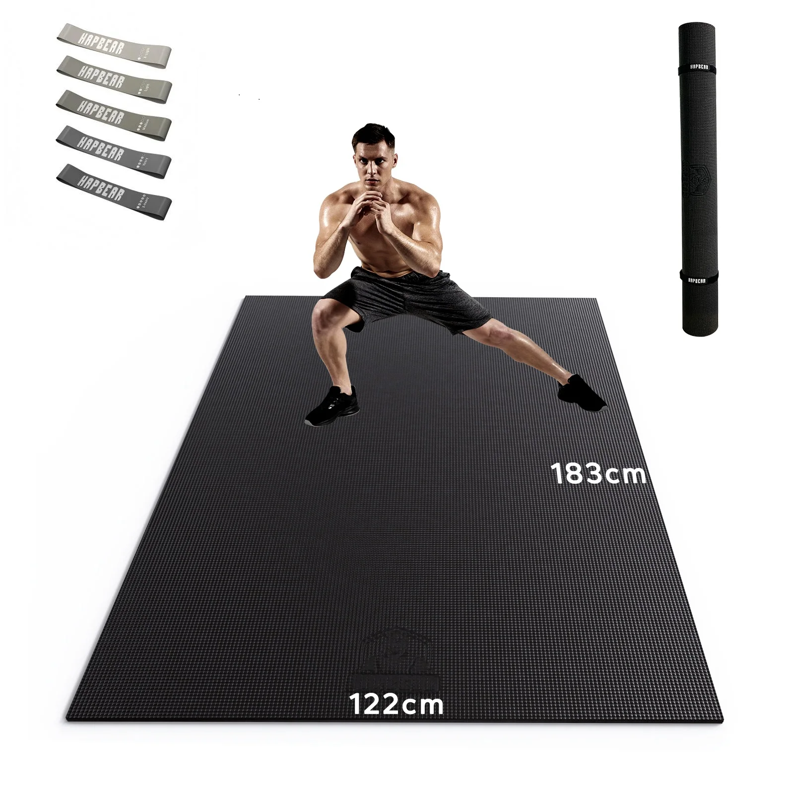 HAPBEAR 183x122 cm Große Heim-Fitnessmatte 8mm Dick, Hochdichte PVC-Bodenmatte in Gewerbequalität, Rutschfeste Stoßdämpfende Langlebige Übungsmatte für CrossFit HIIT Cardio Krafttraining, mit Bändern