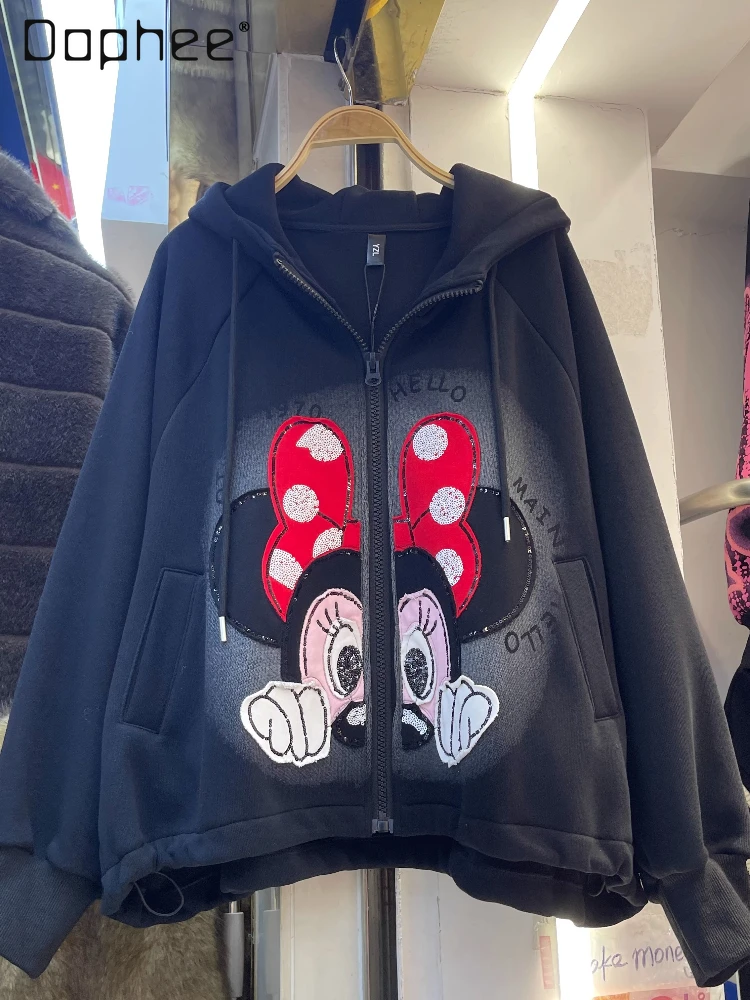 

2025 Autumn Winter New Heavy Industry Cartoon Patch Embroidery Fleece-Lined Hooded Sweatshirt for Women Loose Black Top