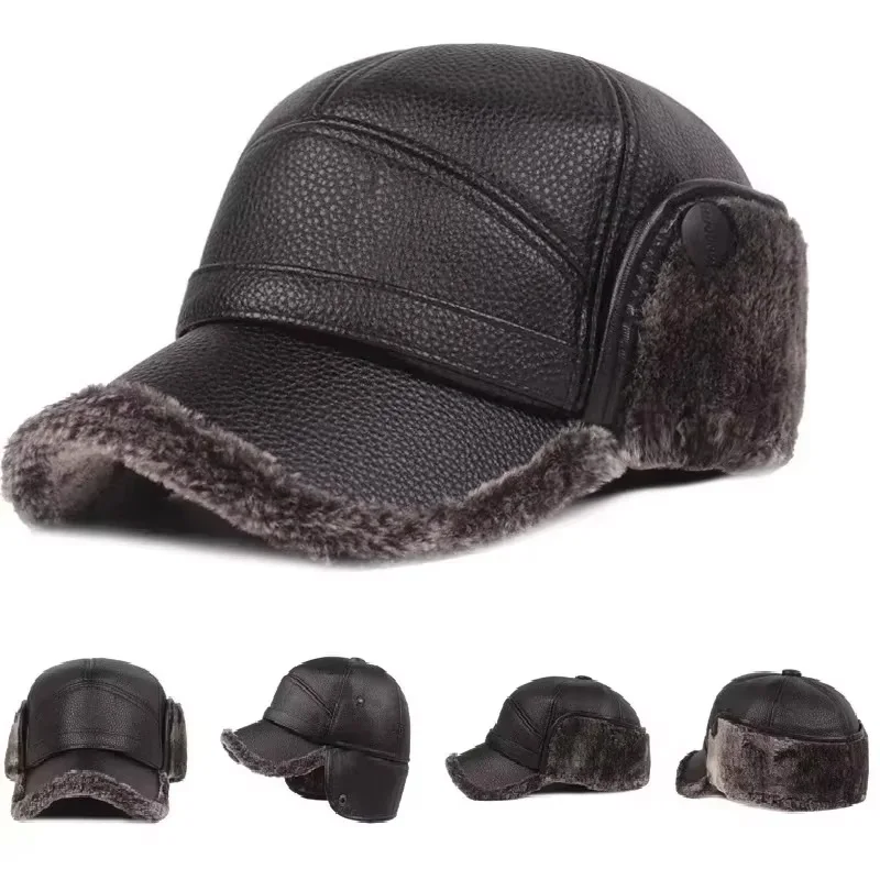 

Mens Winter Hat PU Leather Baseball Cap Thermal Insulated Thick Warm With Ear Flaps For Grandpa Cold Weather Beanie Alternative