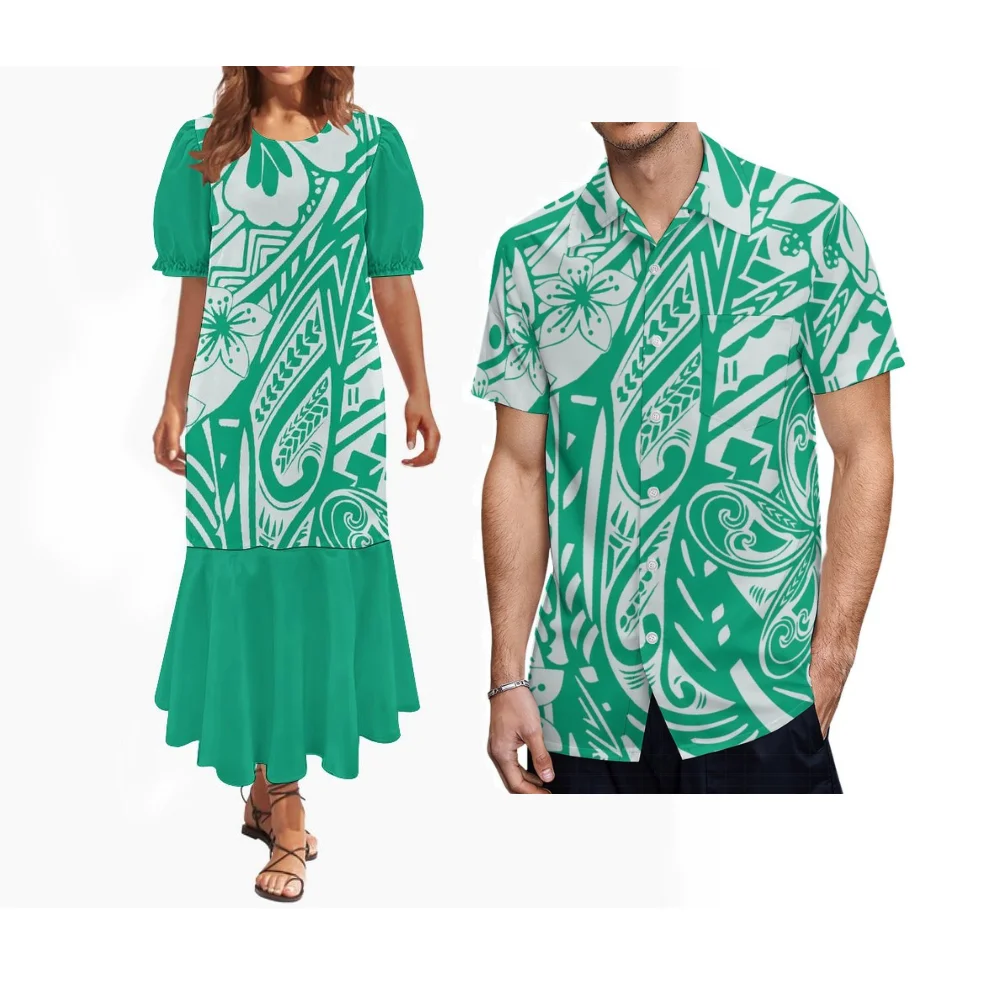 

Летняя свободная и удобная одежда для пар в полинезийском стиле, с индивидуальным этническим цветочным принтом, элегантное платье-муму с пышными рукавами