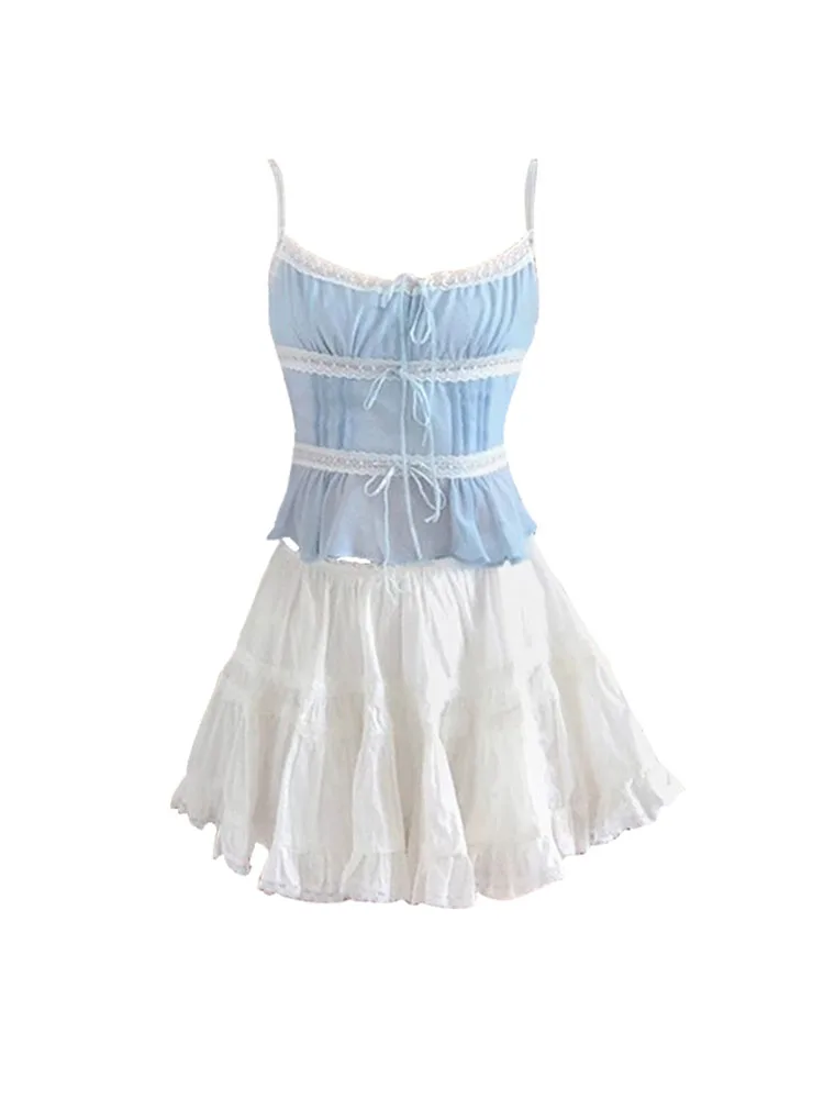 

Summer 2024 Outfits 2 Piece Skirts Set Blue Casual Lace Up Lace Halter Top + New Design Pleated Skirt Sweet Sexy Women New Trend