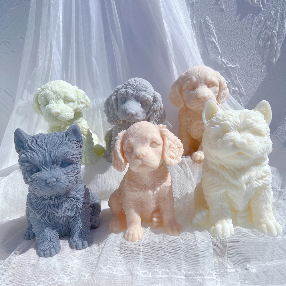 12 diverse razze cuccioli candela stampo in Silicone 3D animale carino cucciolo statua cera di soia stampo amante del cane regalo decorazioni per la casa stampi