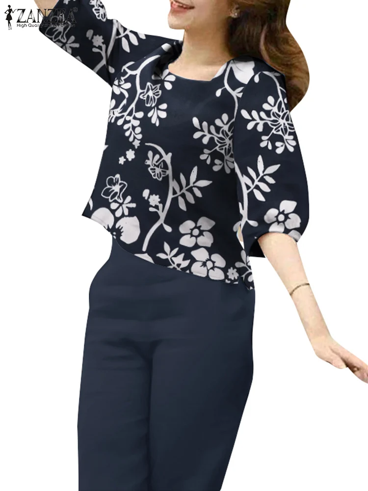 ZANZEA Summer Casual Loose Pant Sets Women 2024 Elegant Square Collar Floral Tops Straight Trouser 2pcs Outfits Daily Tracksuits