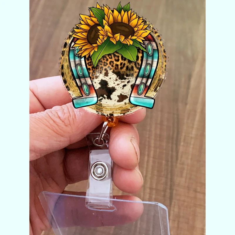 Serape Sunflower Horse shoeBadge Reel Retractable ID Badge Reel - Doctor / Nurse / Teacher Badge Reel Clips