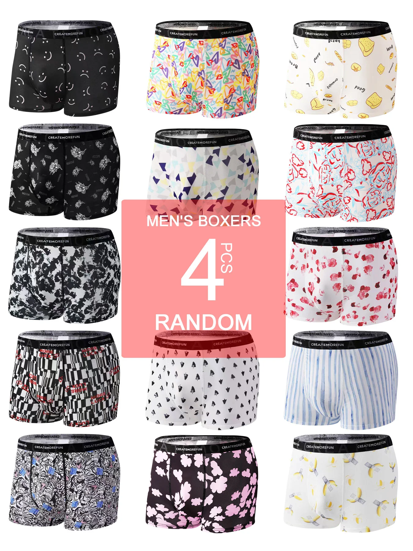 4PCS Random Color Men's Underwear Ice Silk Underwear Fashion Print Cool Comfortable Breathable Underwear Combination