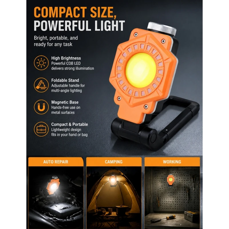 Compact Work Light Ultra-Bright Portable Folding COB Repair Light USB Rechargeable 360° Rotating Magnetic Camping Emergency Lamp