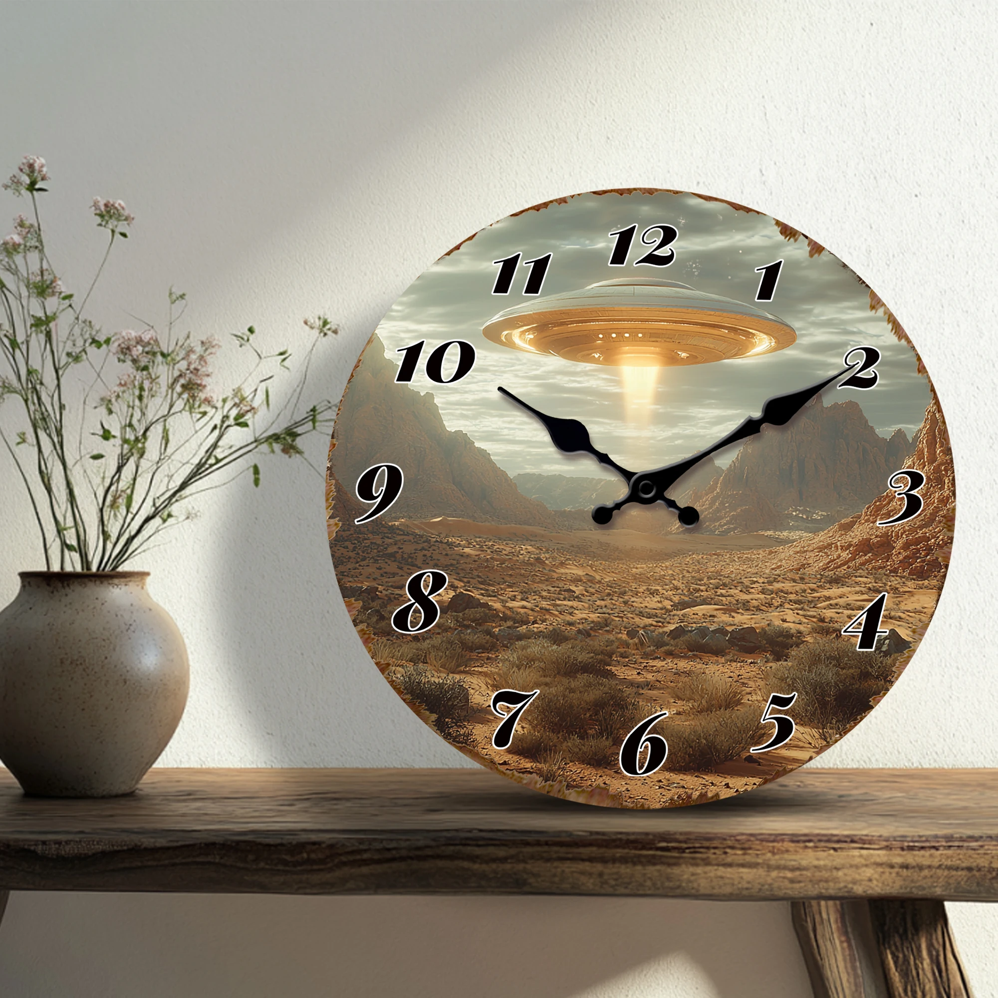 UFO Hovering Over Desert Wall Clock - Sci-Fi Landscape Design - Silent Non-Ticking Fantasy Round Timepiece