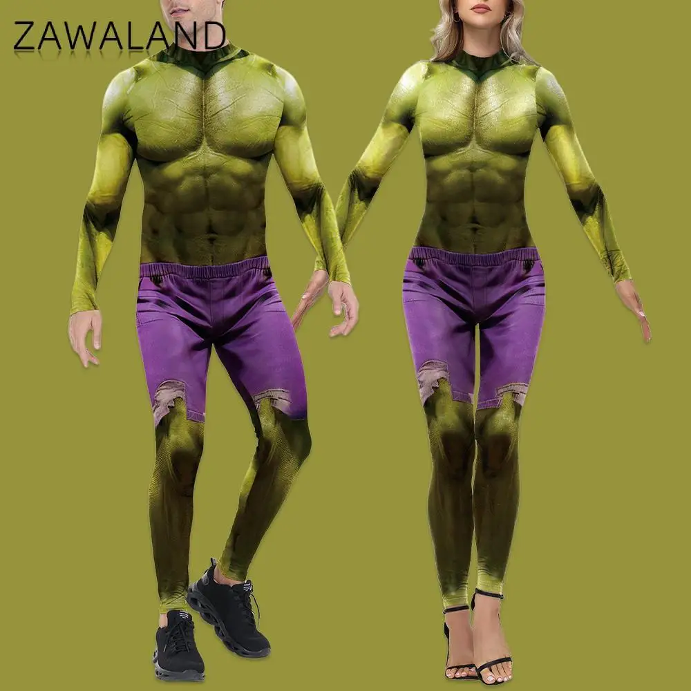 

Zawaland Green Man Muscle Bodysuit Superhero Cosplay Costume 3D Printed Halloween Party Jumpsuit Long Sleeved Festival Catsuit