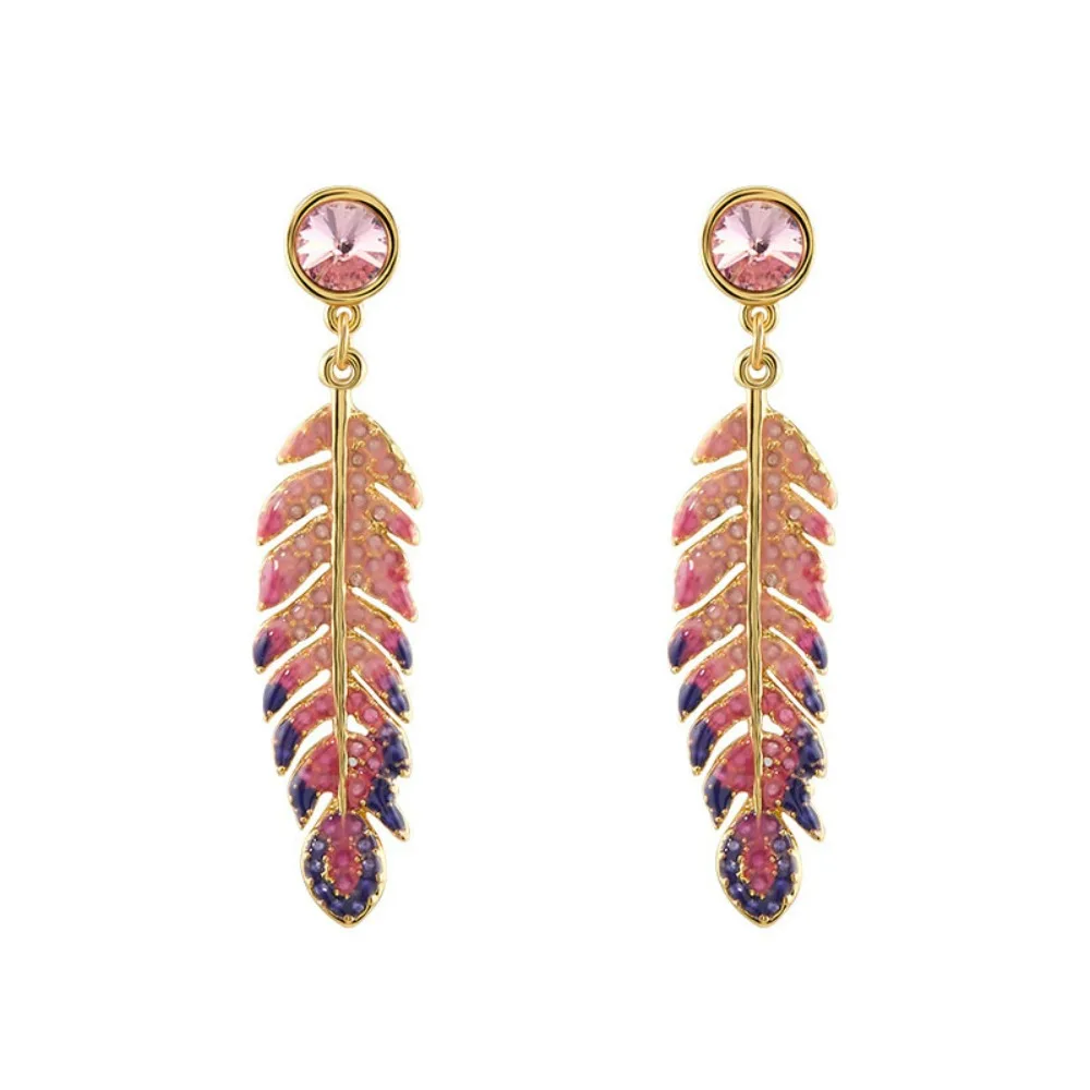 

2026 Symphony Gradient Enamel Pink Feather Earrings Gradient Color Exquisite Leaf Charms Little Long Earrings Trendy Jewelry