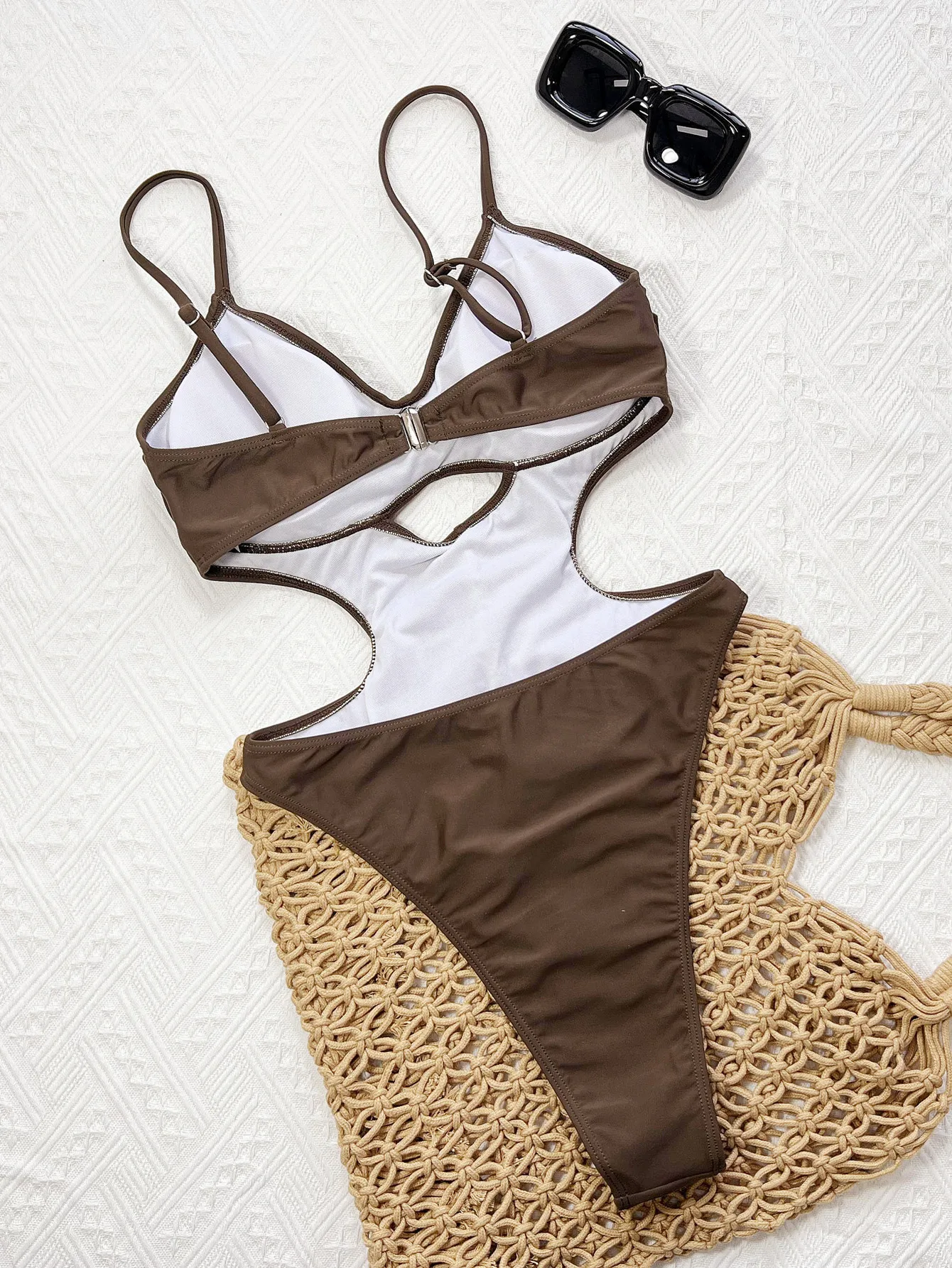Bikinis calados de café sexy, trajes de baño arrugados de una pieza, monos, traje de baño sin espalda, monokini de playa para mujer, ropa de playa
