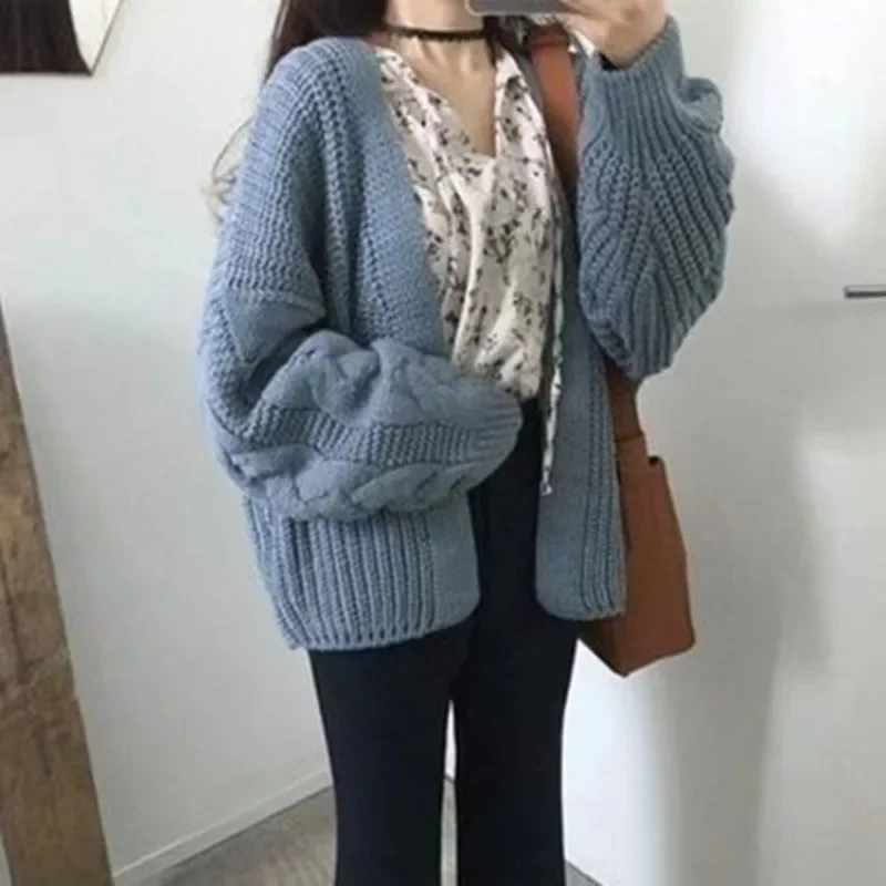 Korean Oversized Knit Sweater Autumn Winter New Women Fashion Sweet Long Sleeve Twisted Knitted Coat Open Front Sweater Cardigan