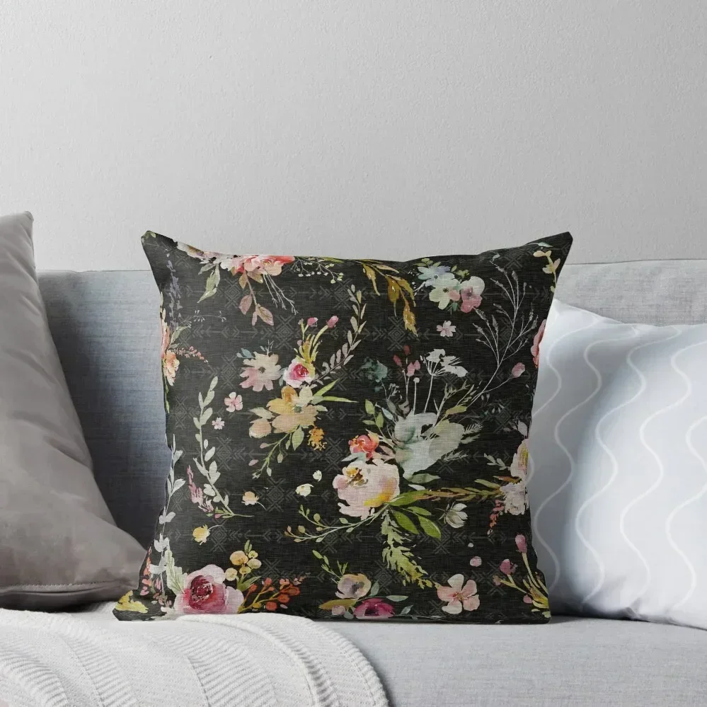 

Boho Meadow Floral - Black Throw Pillow Pillowcase Cushion Bed pillowcases Pillow Covers Decorative pillow