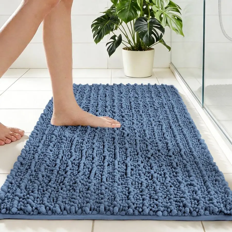 

Slip Bathroom Rug Machine Washable Thick Blue Bath Mat 24x36 Soft Absorbent Bathroom Floor Mat Chenille Bath Rug for Shower Tub