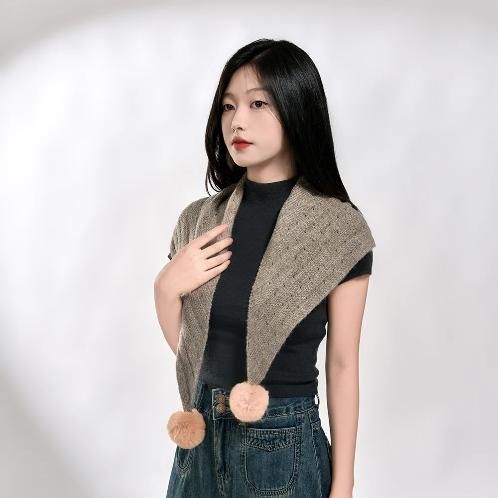 2024 Women's Scarf New Korean Design Hairball Hollow Small Shawl Sweet Girl Cute Accessories Triangle Knitted Warm Wool Scarf