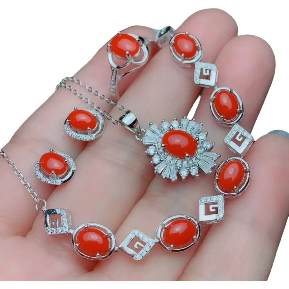 

KJJEAXCMY-925 Sterling Silver Fine Jewelry, Natural Red Coral Earrings, Ring Pendant, Bracelet, Luxury Ladies Suit Gift, Party,