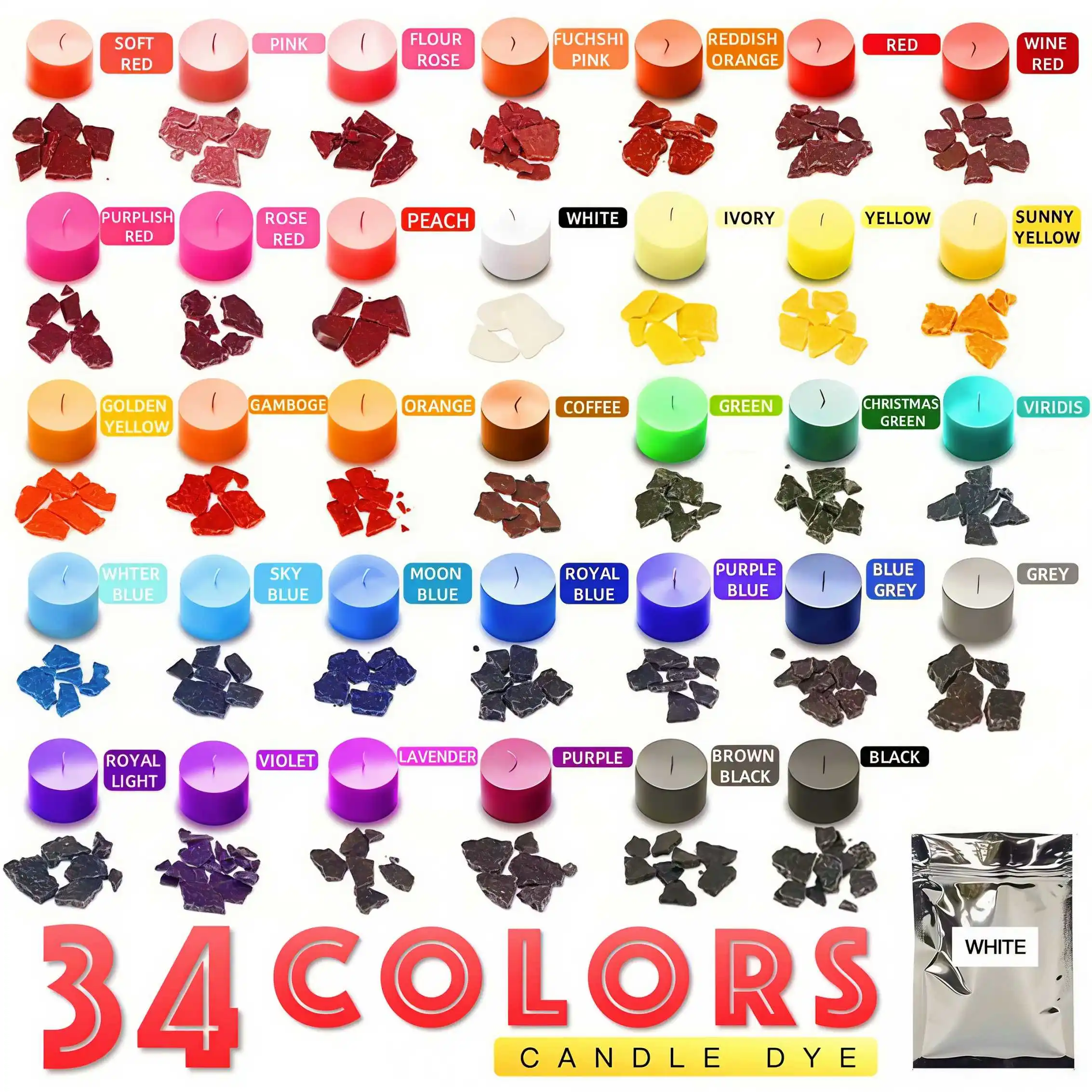 Candle Dyes - 34 Colors (1 Gram Each) for Candle Coloring and Making - 34Pcs/16Pcs/12Pcs/6Pcs, Candle Making Materials, 34 Common Color Dyes, for Making Colorful Candles, DIY Candle Materials, Gifts for Family and Friends, DIY Atmosphere Decoration Dyeing Materials for DIY Candle Making, Suitable for Christmas Gifts, Applicable.